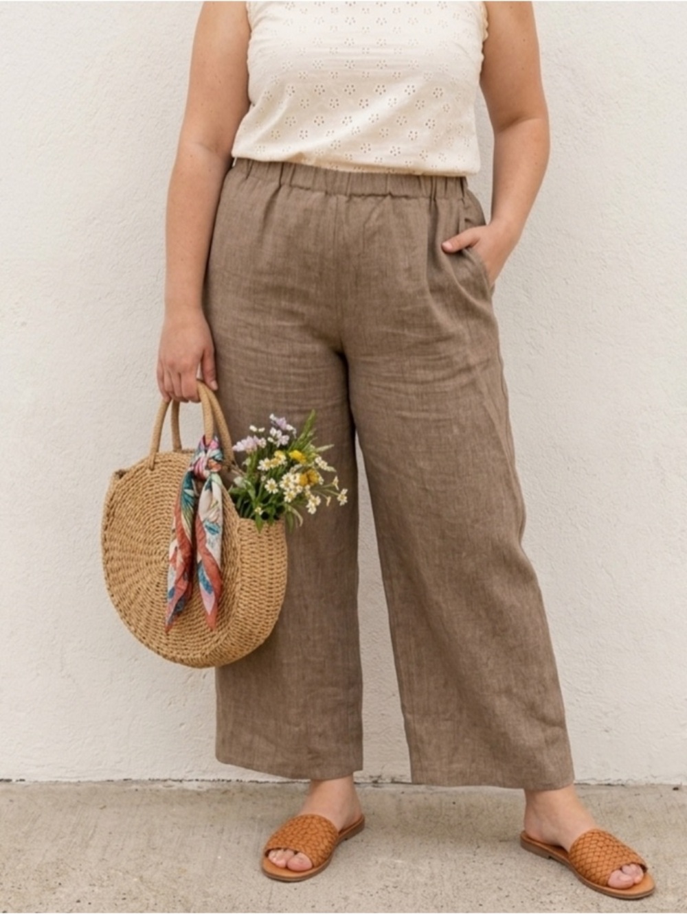 Eileen Fisher Organic Linen Relaxed-fit Wide Leg Cropped Pull On Pants